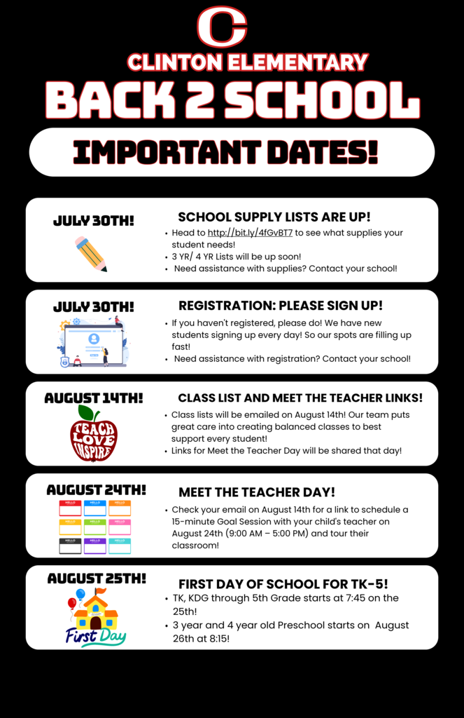 Clinton Elementary Back 2 School Important Dates