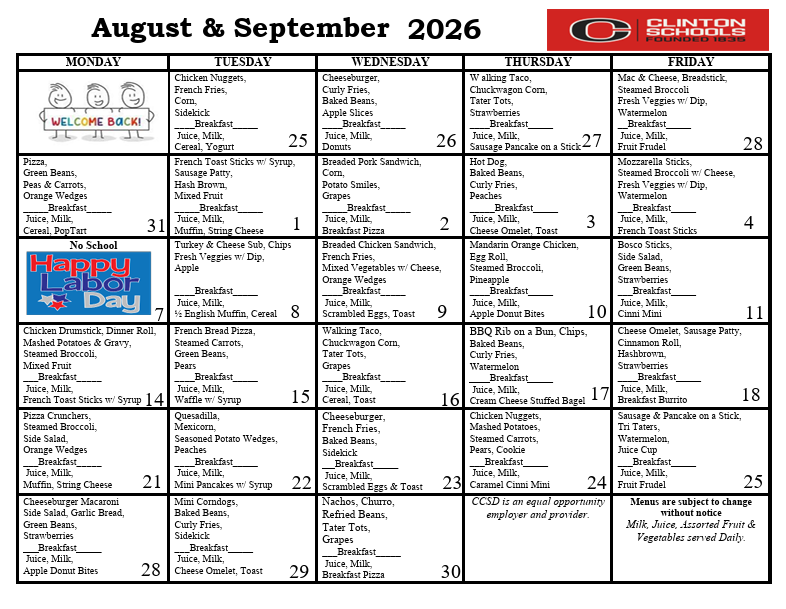 Aug and Sept Menu