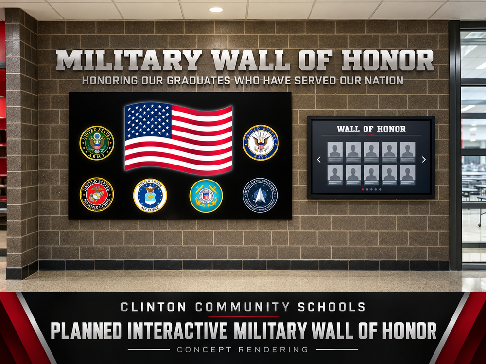 A Concept Rendering of the Clinton Community Schools Planned Interactive Military Wall of Honor to honor our graduates who have served our Nation.