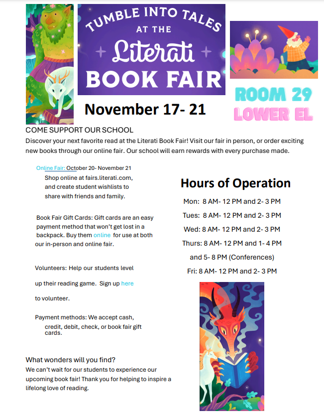 Elementary Book Fair November 17th through 21st.