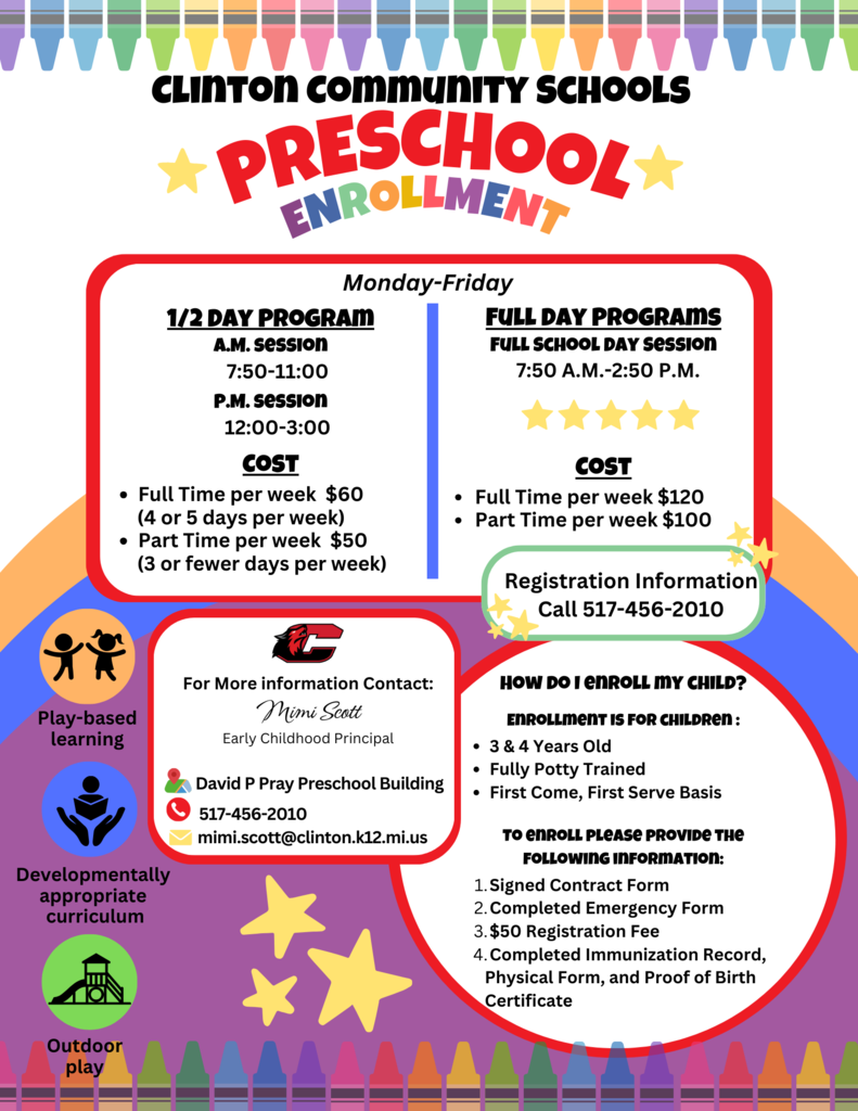 Preschool Enrollment, contact Mimi Scott for more information 517-456-2010