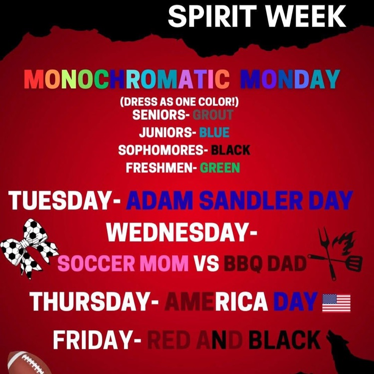 spirit week Monday monochromatic Tuesday Adam Sandler day Wednesday soccer moms vs bbq dads Thursday America day Friday red and black