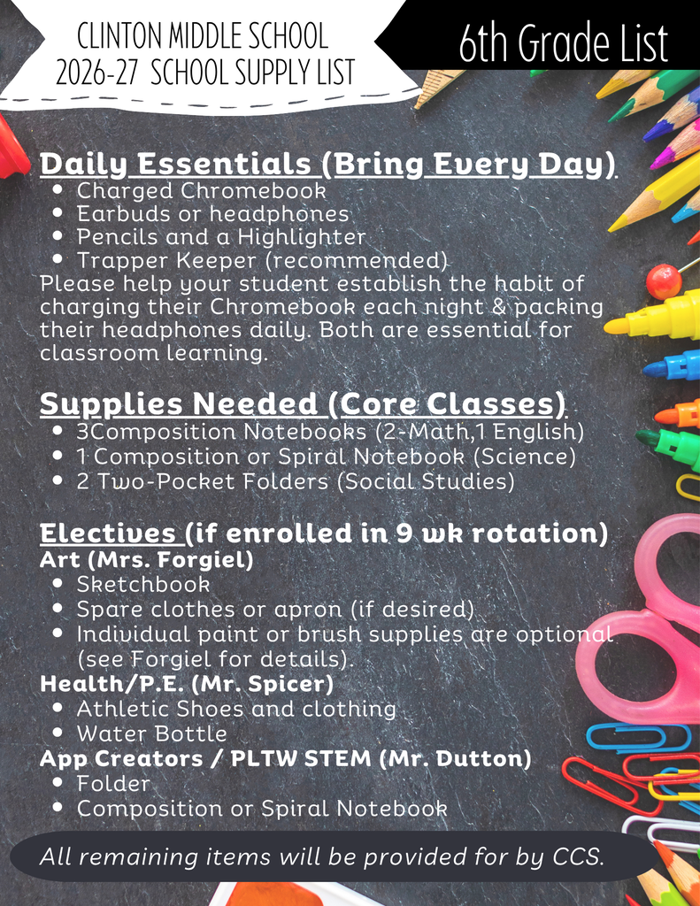 6th Grade Supply List