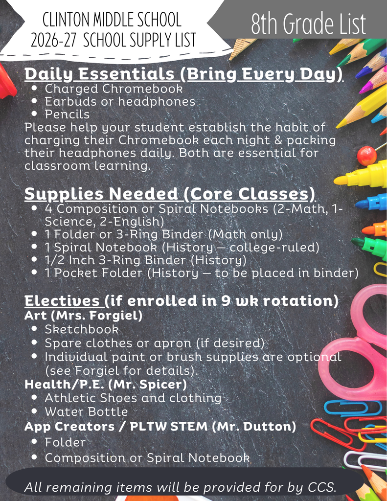 8th Grade Supply List