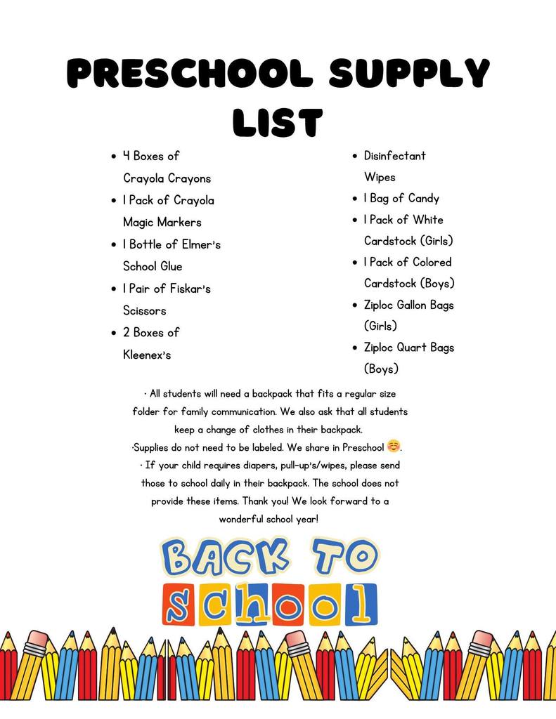Preschool Supply List 2025