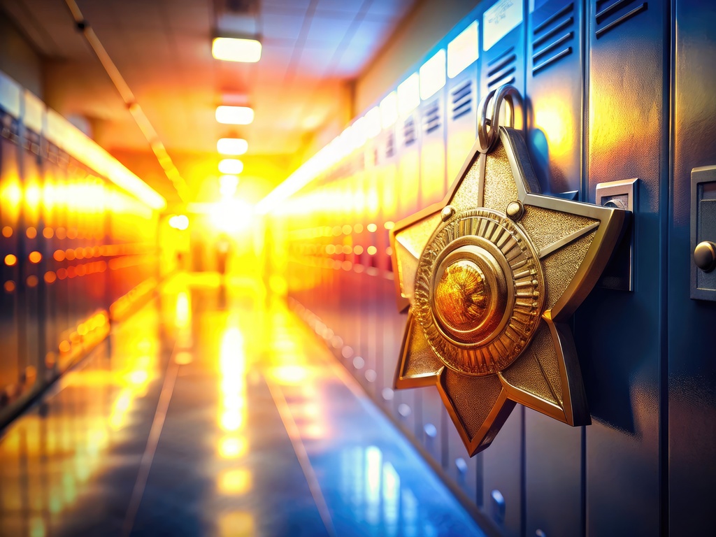 Lockers in hallway with law enforcement badge