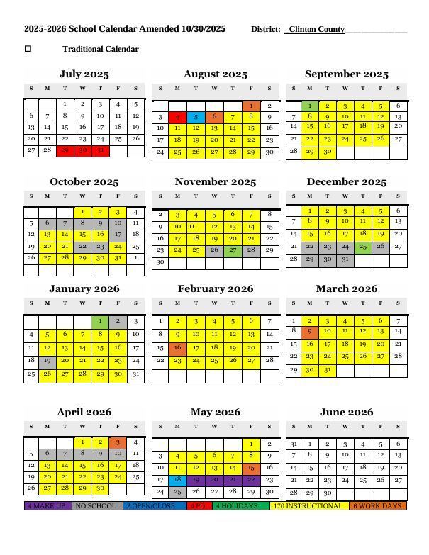 Amended School Calendar 10.31.25