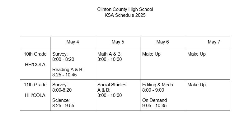CCHS Testing Schedule 2