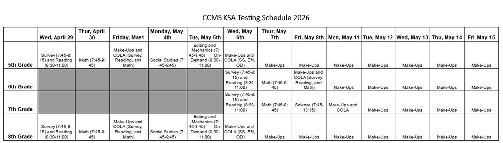 CCMS Testing Schedule