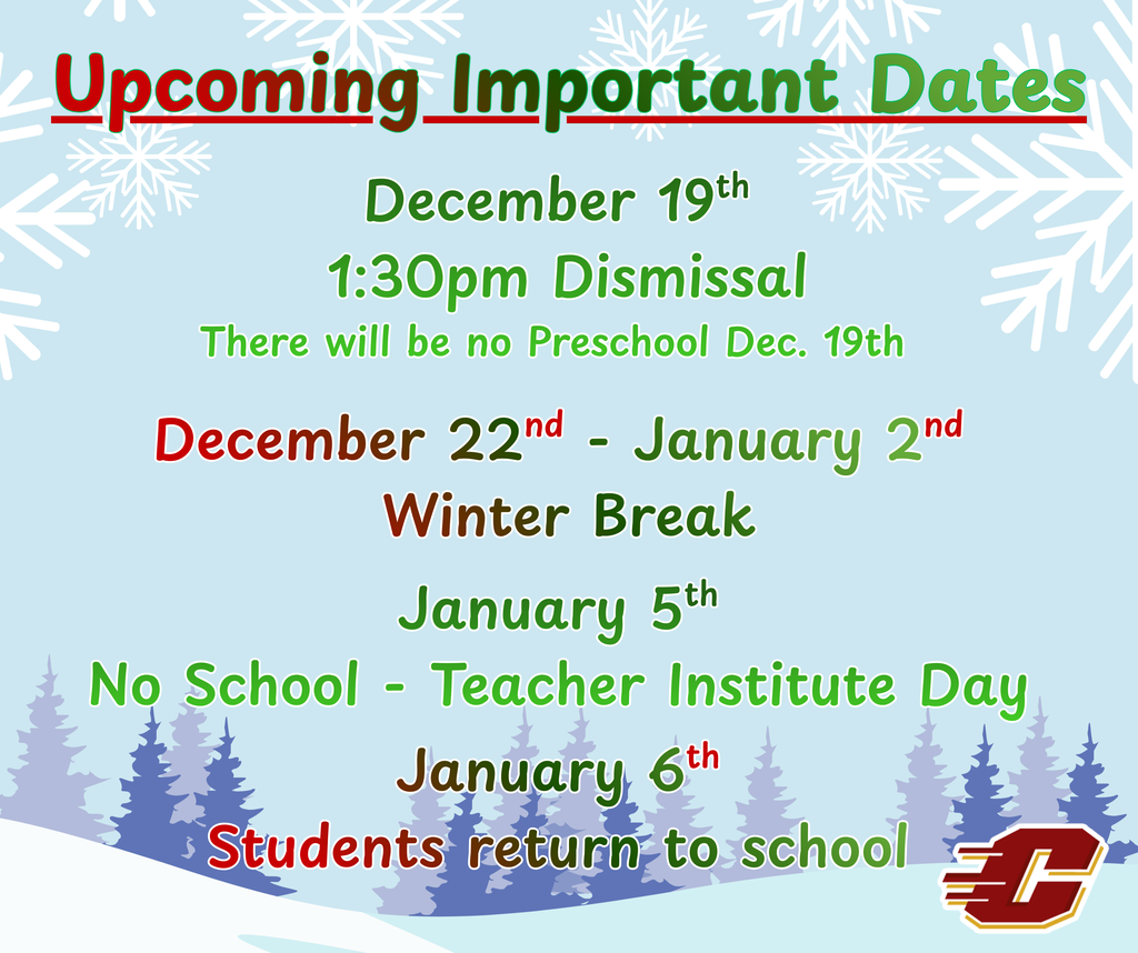Upcoming Important Dates...Has trees and blue background with snowflakes 