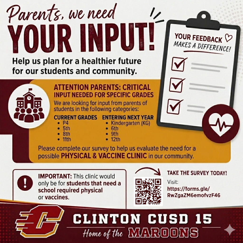 Parent, input requested about Physical and vaccine clinic for certain grade levels