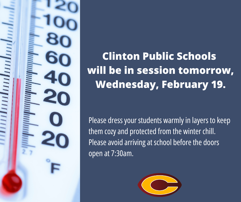 Thermometer with information about school being back in session Wednesday, February 19