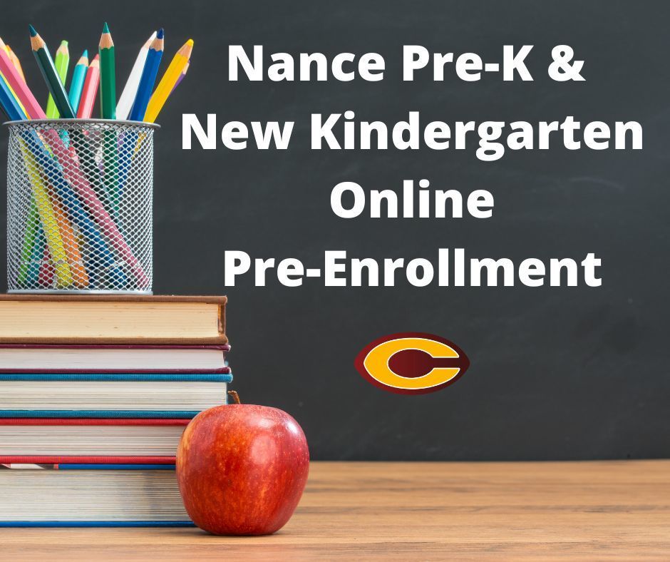 Books, pencils, and apple with Nance Pre-K Online Pre-Enrollment
