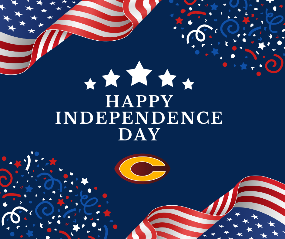 American flags with red, white, and blue confetti with a Happy Indepence Day message