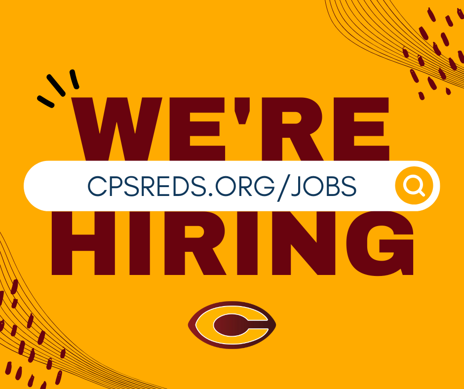 gold background with maroon we're hiring message