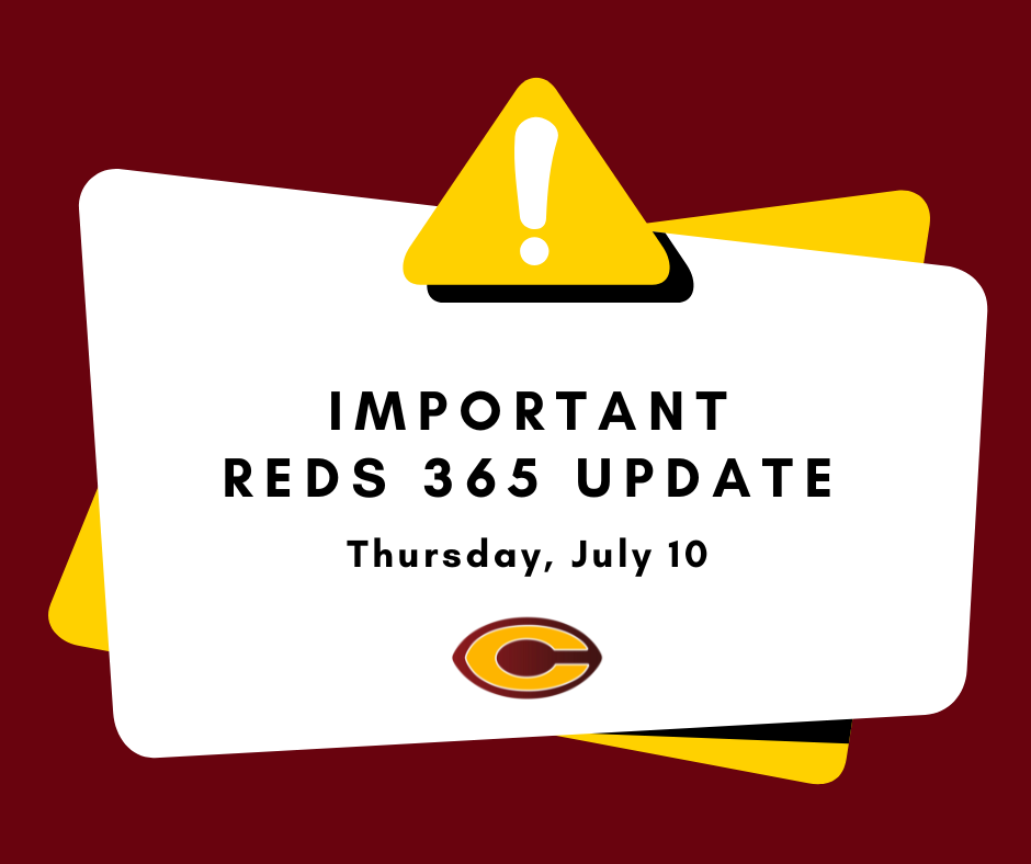 Maroon and gold graphic with Important REDS 365 Update