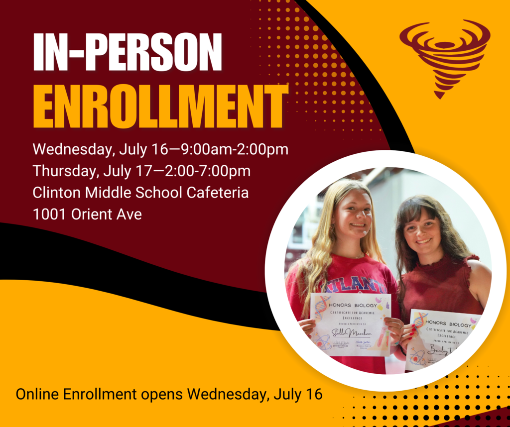 In-person enrollment Wednesday, July 16 9-2 and Thursday, July 17, 2-7