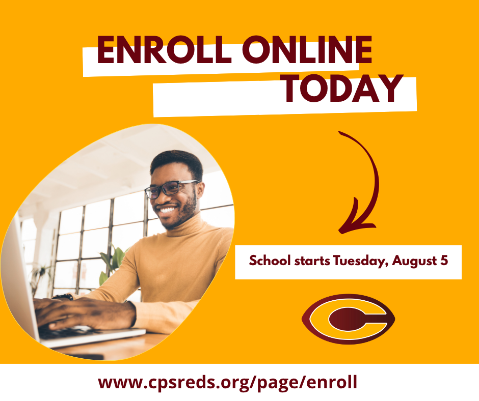 Man sitting in front of computer with Enroll Online today message
