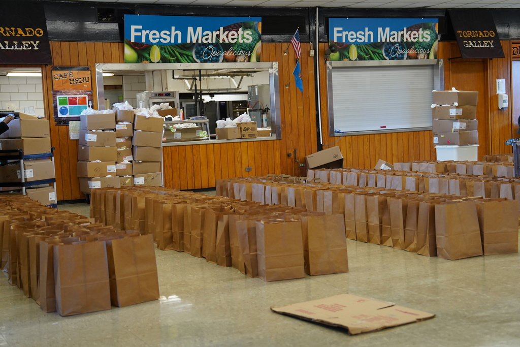 Bags of lunches and breakfasts ready to be handed out