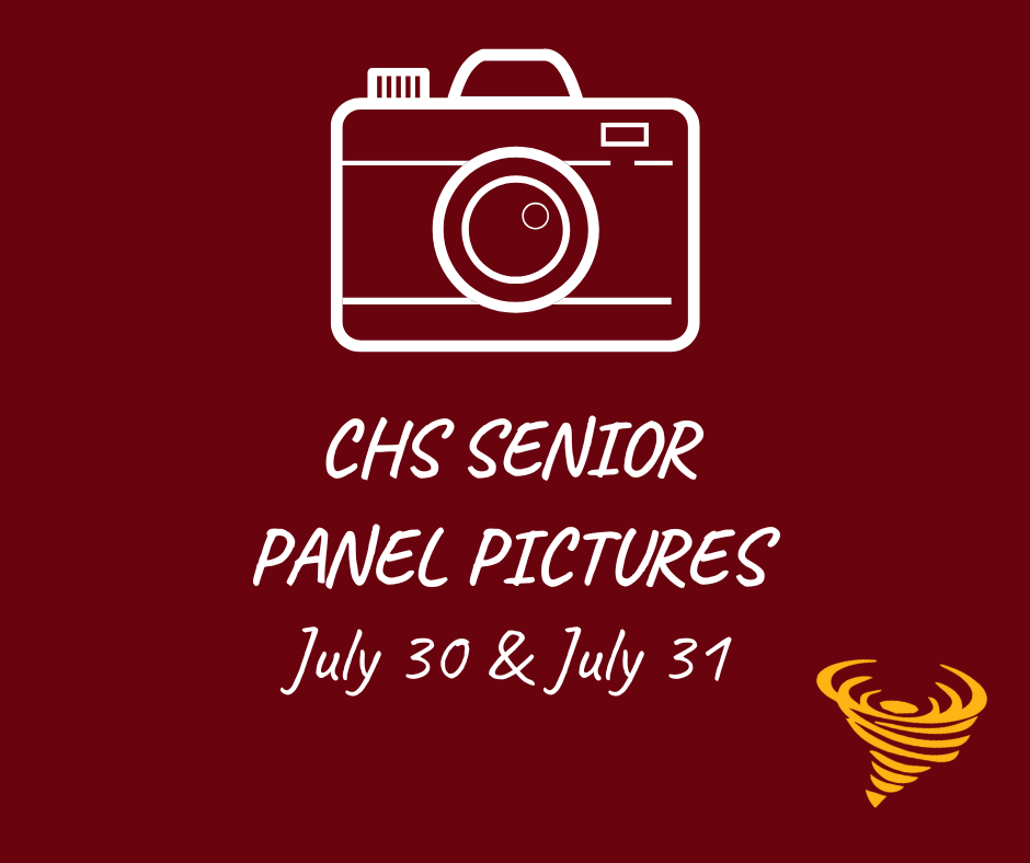 Maroon background with camera and info about senior panel photos on July 30 and 31