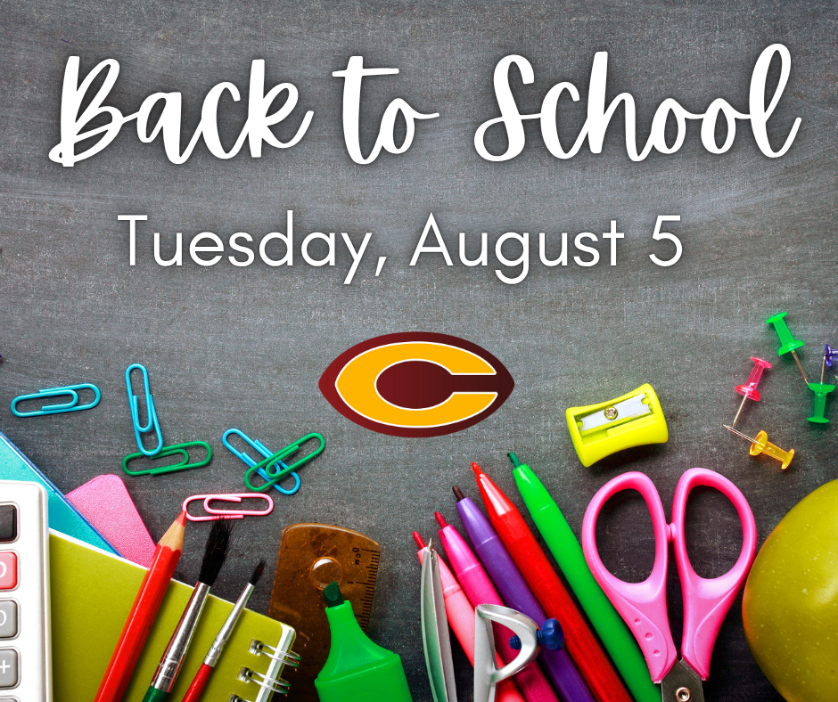 School supplies on gray background with Back To School Tuesday, August 5.