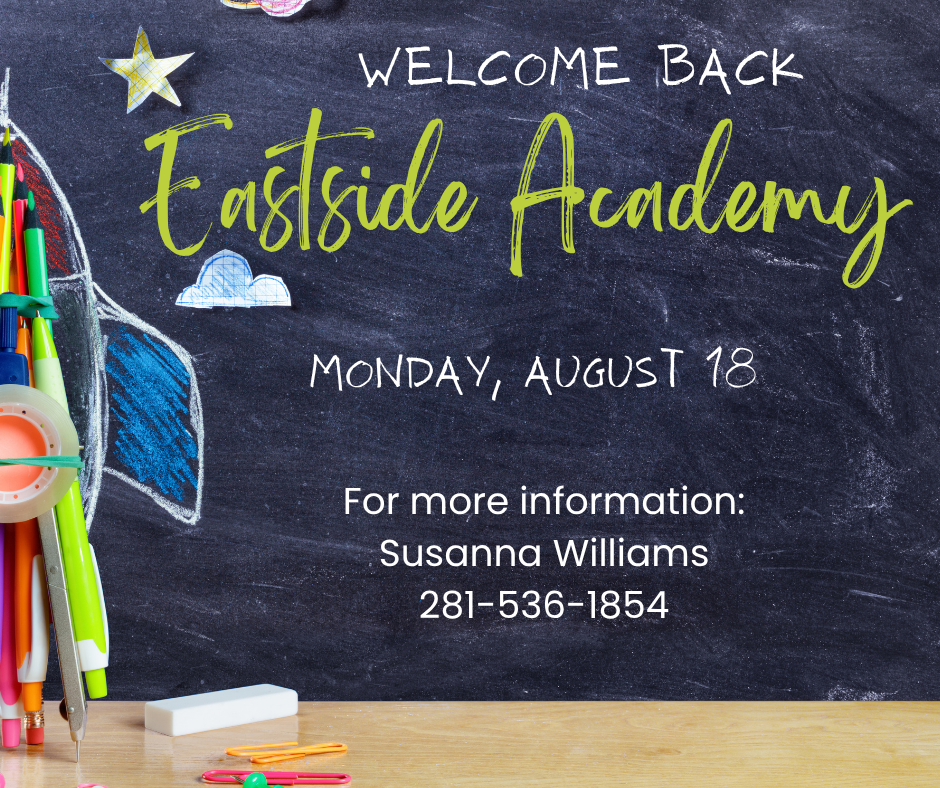Chalkboard and school supplies with Eastside Academy start back on Monday, August 18