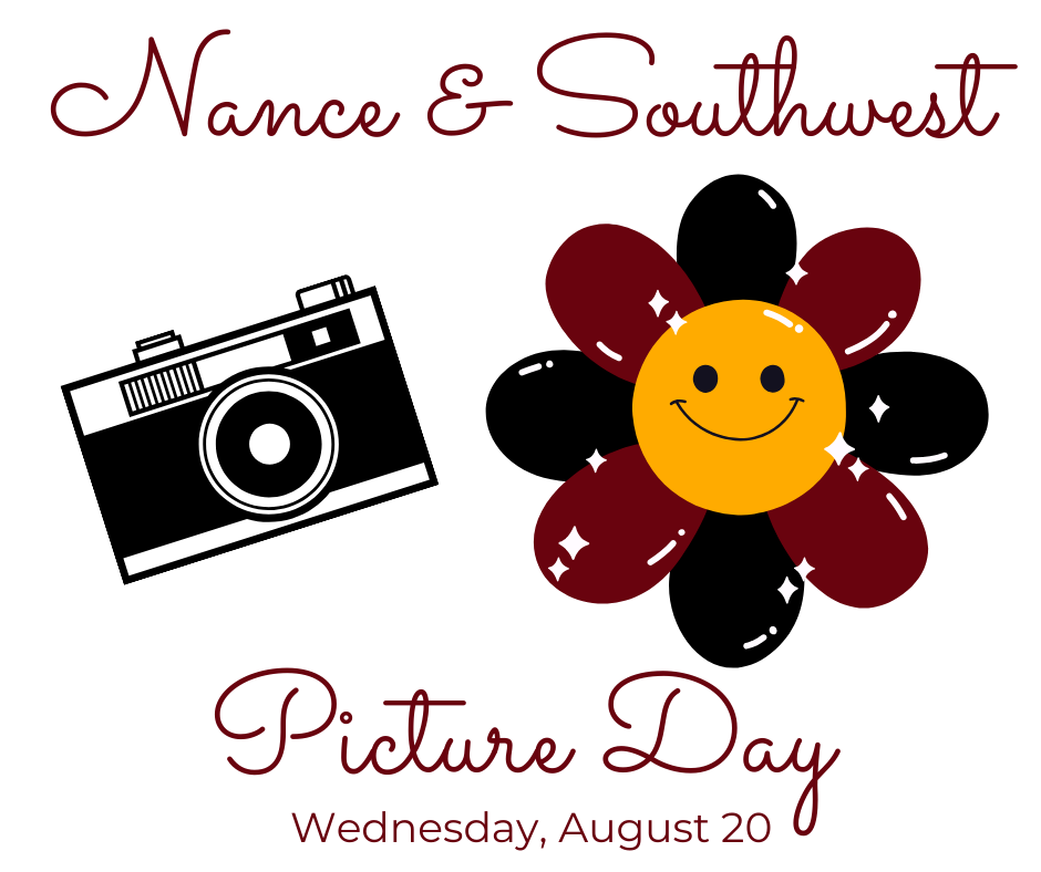 Camera and Smiley face flower. with Nance & Southwest Picture Day information
