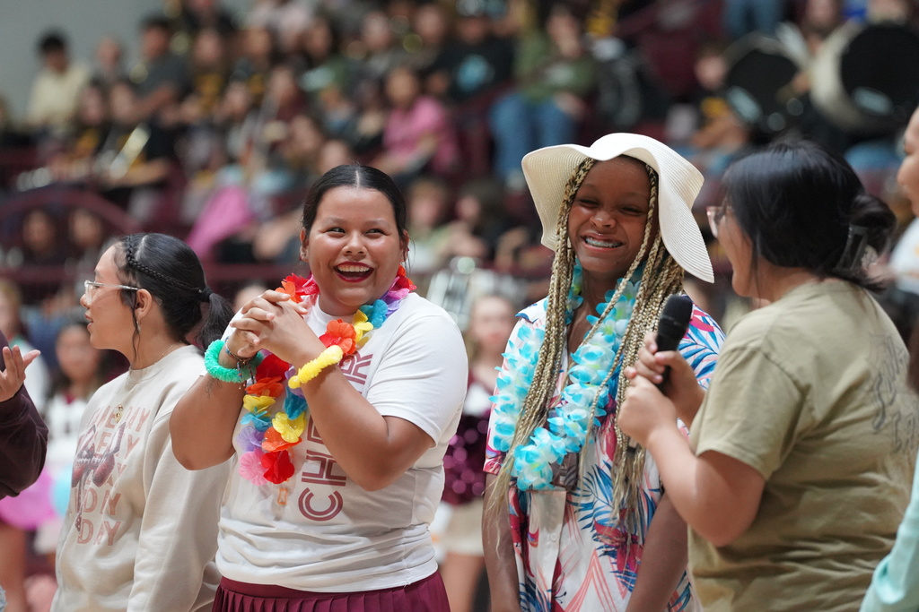 Volleyball girls introducing themselves at the pep assembly