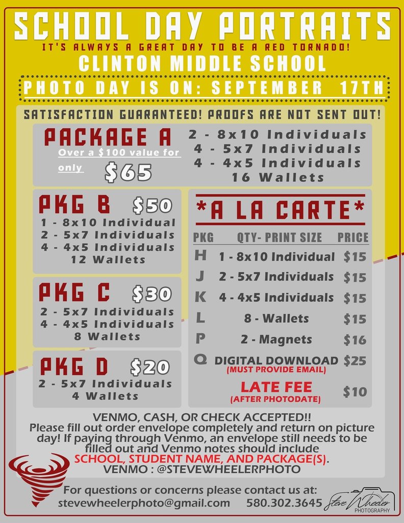 School Day portraits price sheet