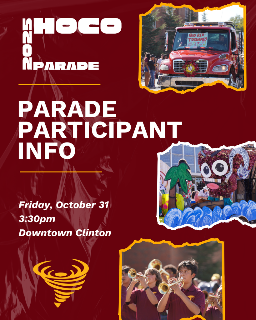 2025 Homecoming Parade Participant:Homecoming Parade Participants - this update is for you! Please check the order and pick up your car number at the First United Methodist Church tomorrow, starting at 2:45pm. Ms. Ashley Kelley, Mrs. Whitney Misak, and Ms. Brooklyn Gray will have the sign-in table just inside the front entrance to the church sanctuary or right outside for you! We are looking forward to a great parade celebrating CHS Homecoming festivities!