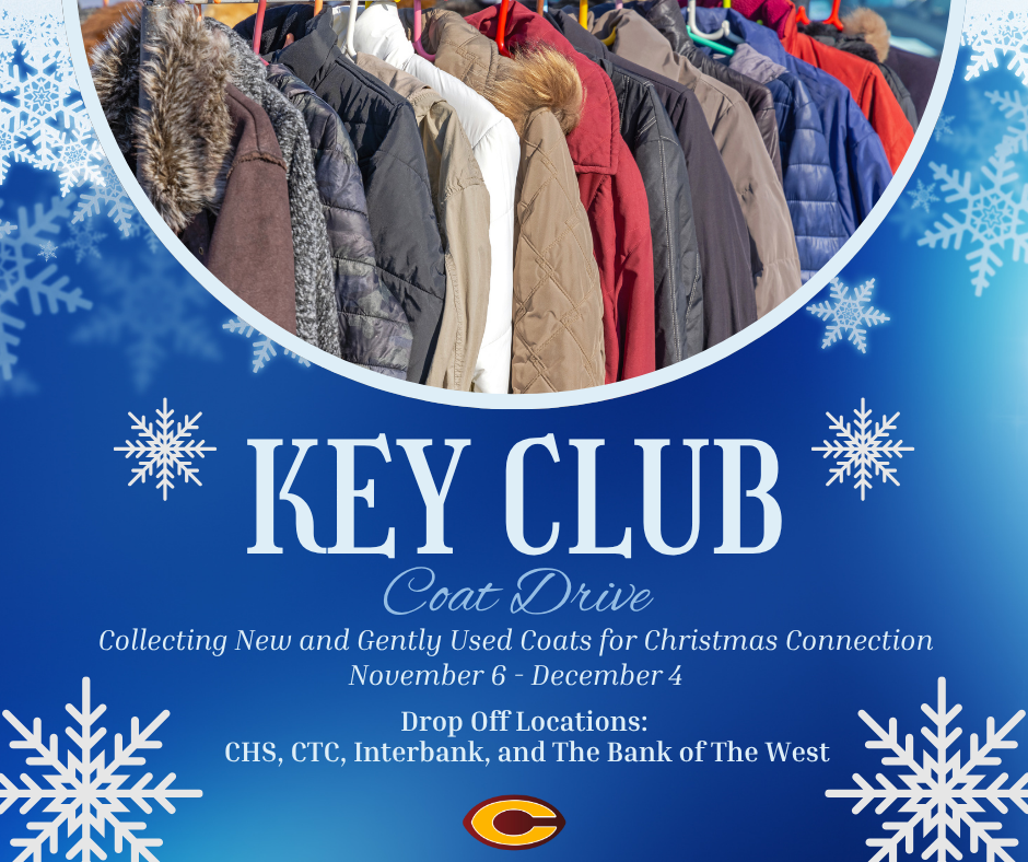 winter scene with winter coats hanging, Key Club Coat Drive November 6-December 4