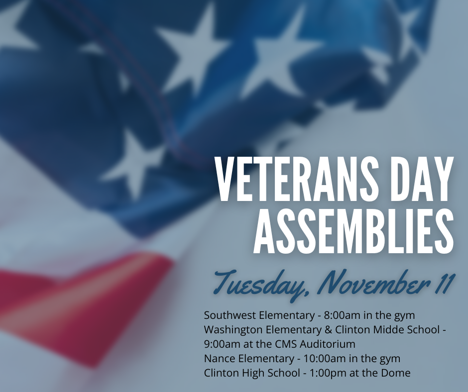 American flag with Veterans Day assemblies information