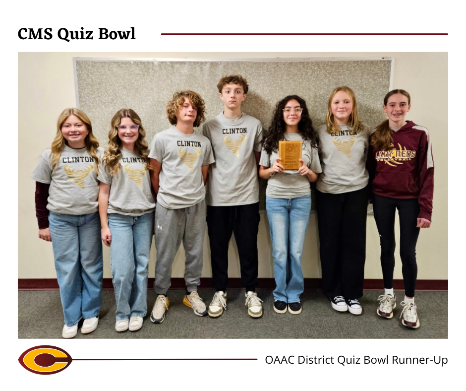 CMS Quiz Bowl team standing in front of wall holding their runner-up plaque.