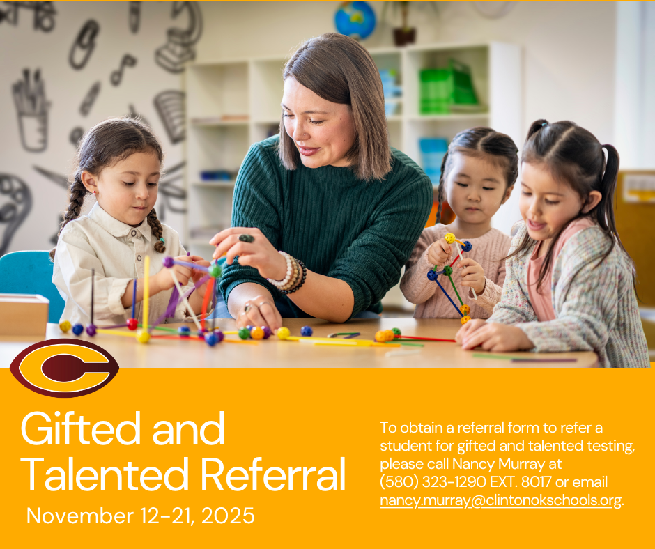 Teacher and students with information for the gifted and talented referral window from November 12-21, 2025