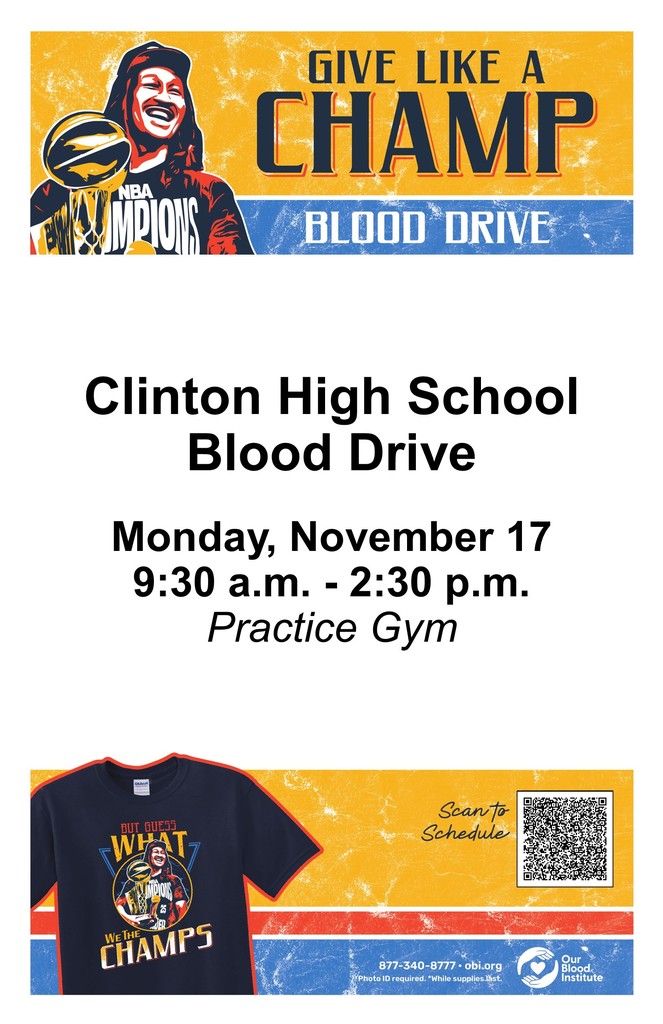 CHS Give Like a Champ Blood Drive, Monday, November 17, 9:30am-2:30pm