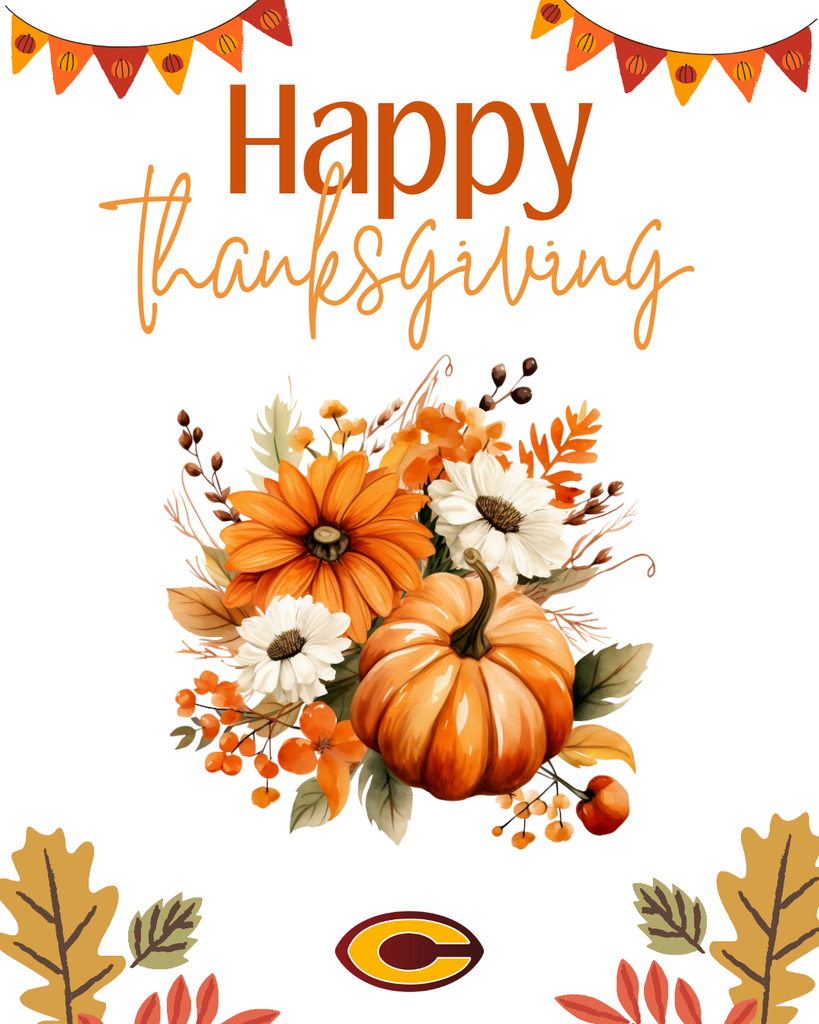 Happy Thanksgiving with fall flowers, leaves, and pumpkins