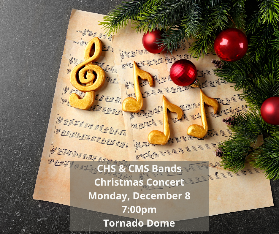 Musical notes with Christmas decorations featuring info about the band concert on Monday, December 8 at 7:00pm