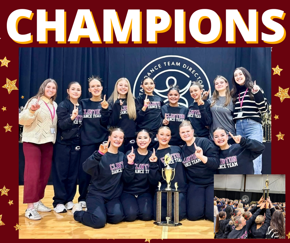 CHS Dance Team sitting and standing behind their State Championship Hip Hop trophy