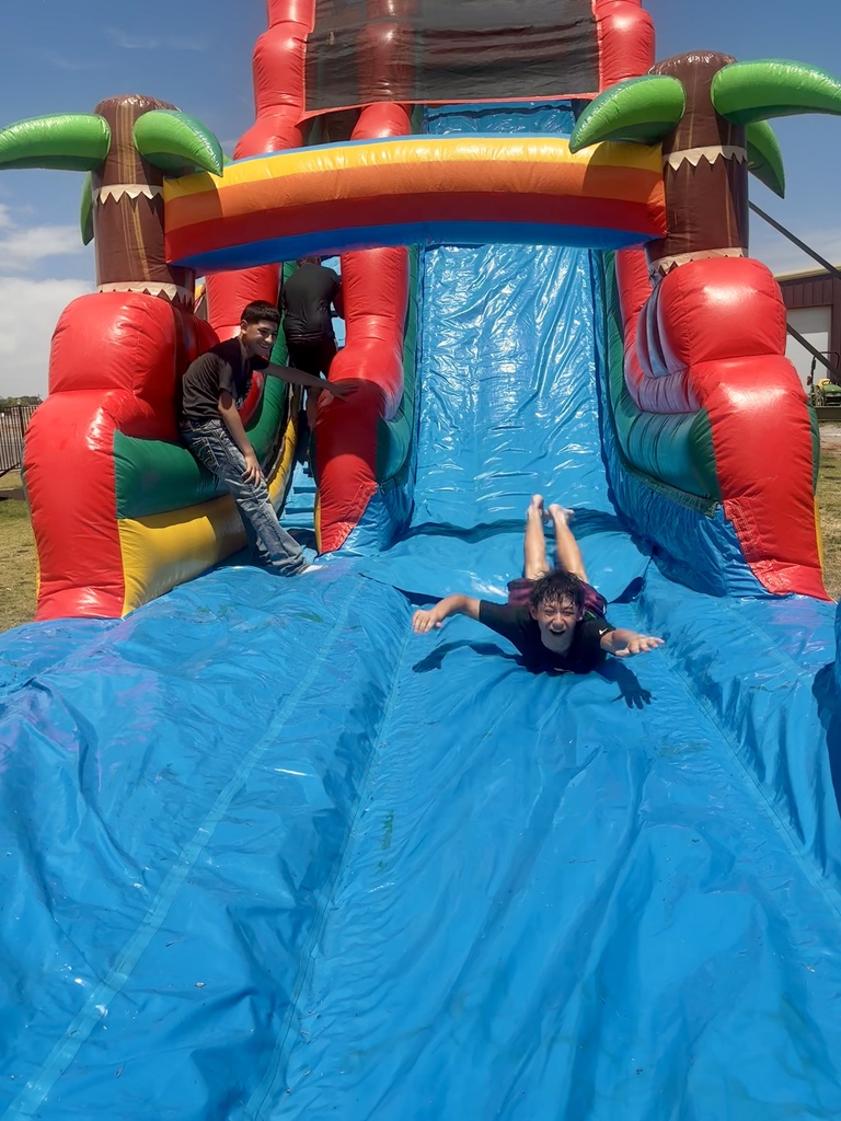 Student sliding down the waterslide at CMS Champions Party