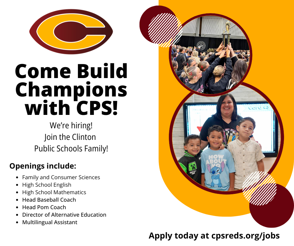 Job openings with pictures of students, staff, and pom team celebrating