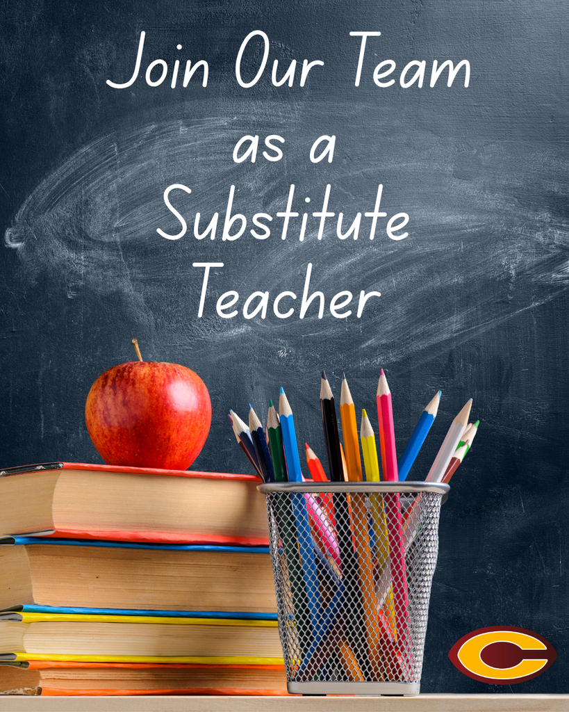 Chalkboard and school supplies with sub information