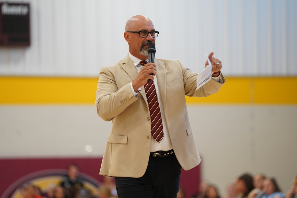 Superintendent Meget addressing the staff