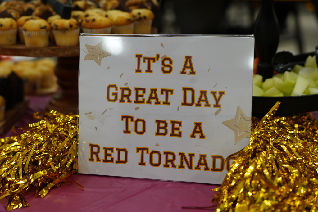 It's a great day to be a Red Tornado sign on table