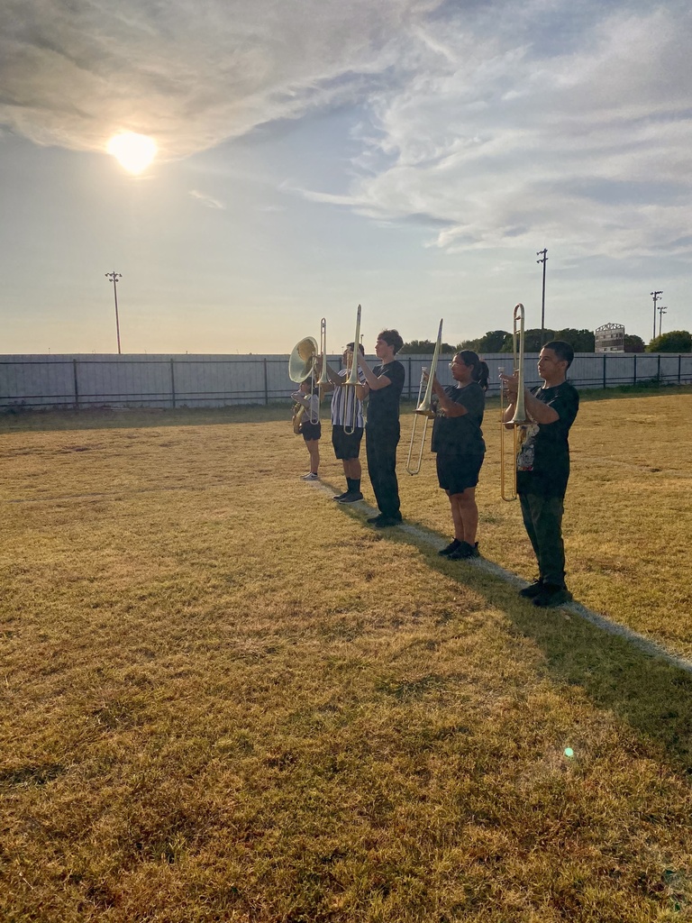 Band members lined up with the sunset in the background