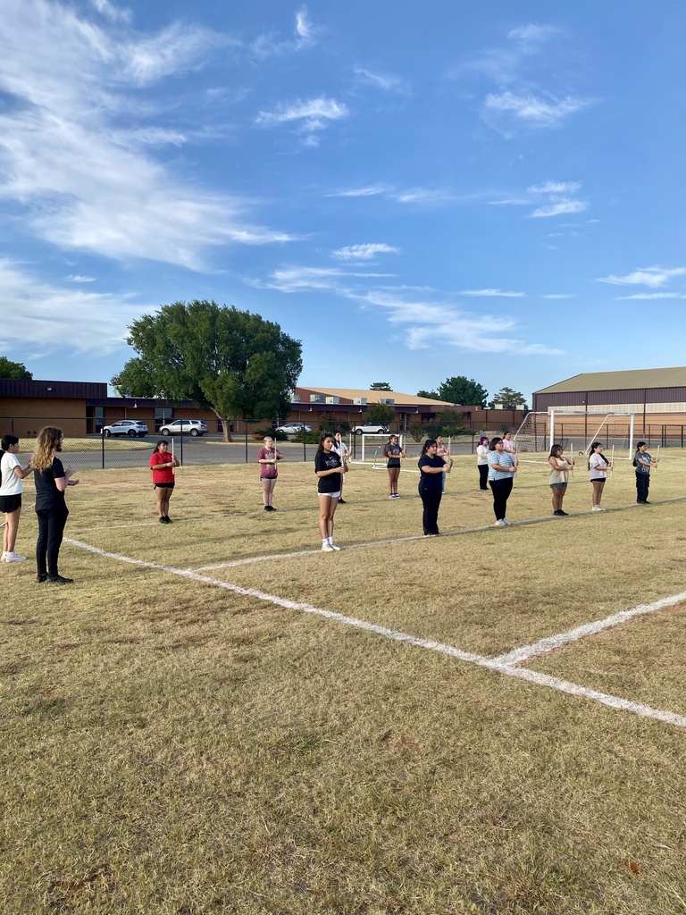 Marching band lined up on the practice field