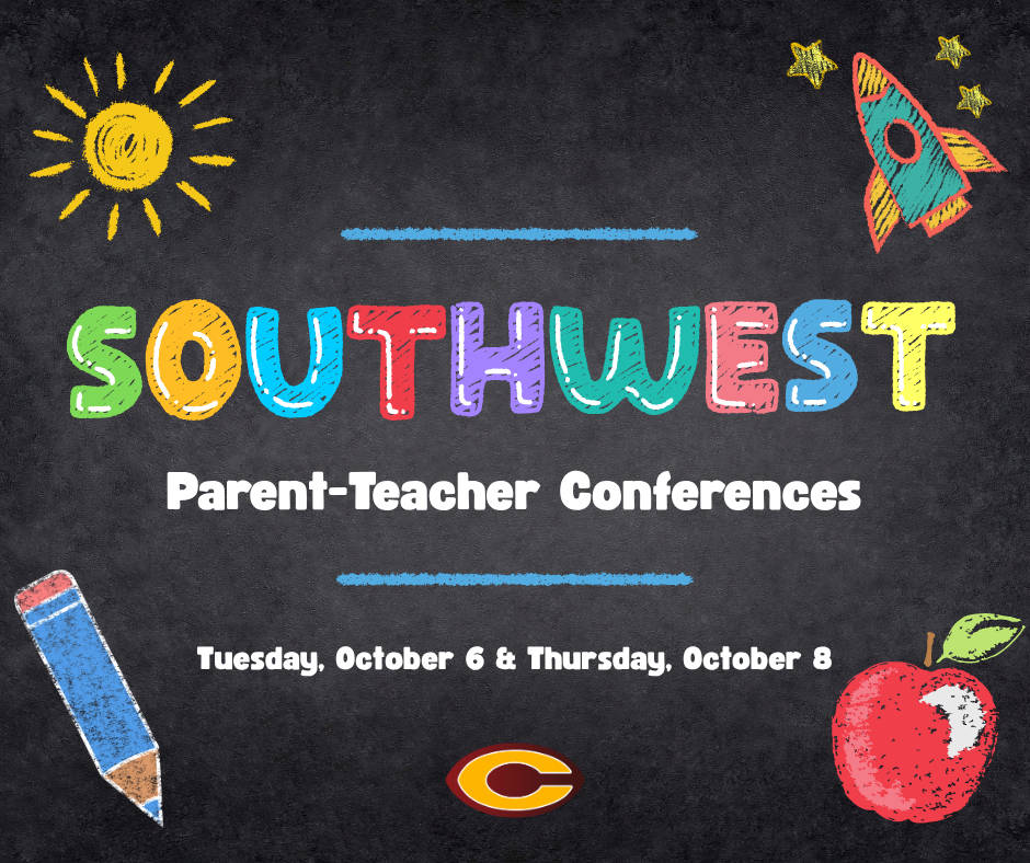 Chalkboard with sun, pencil, rocket, and apple announcing Southwest parent-teacher conferences on Tuesday and Thursday, October 6 and 8.