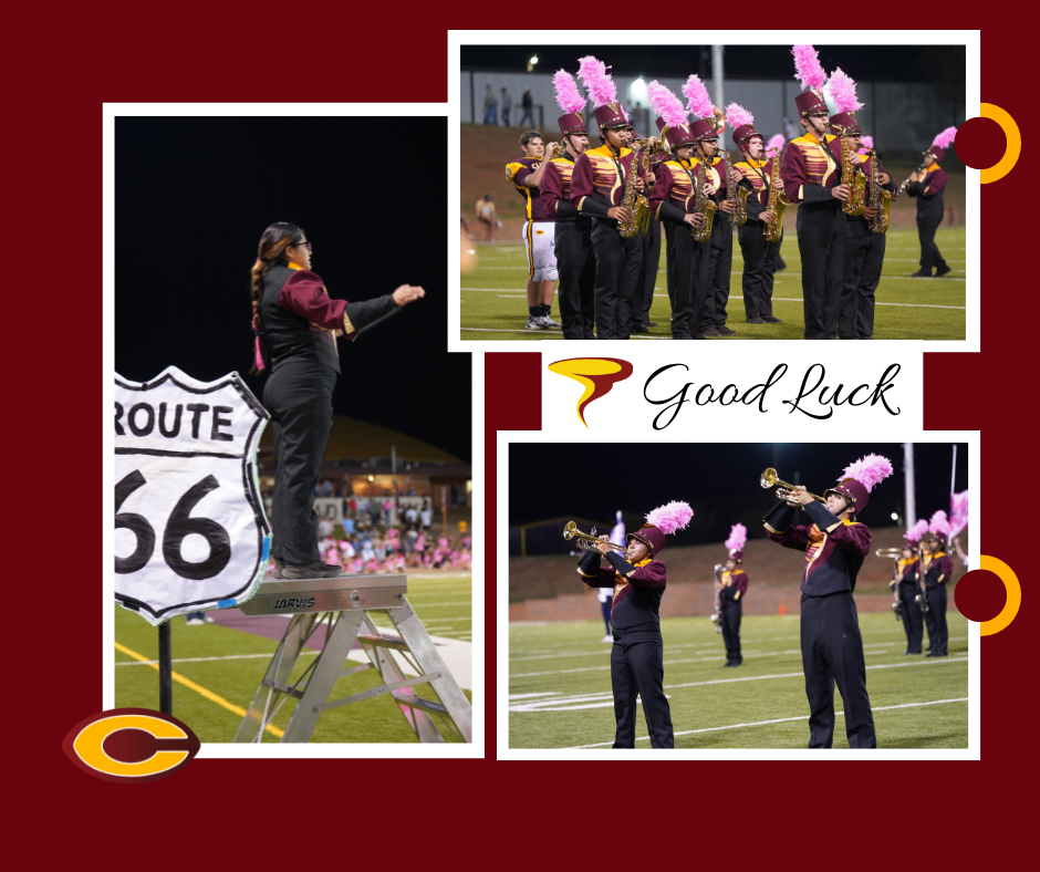 CHS Marching Band members conducting and playing during halftime