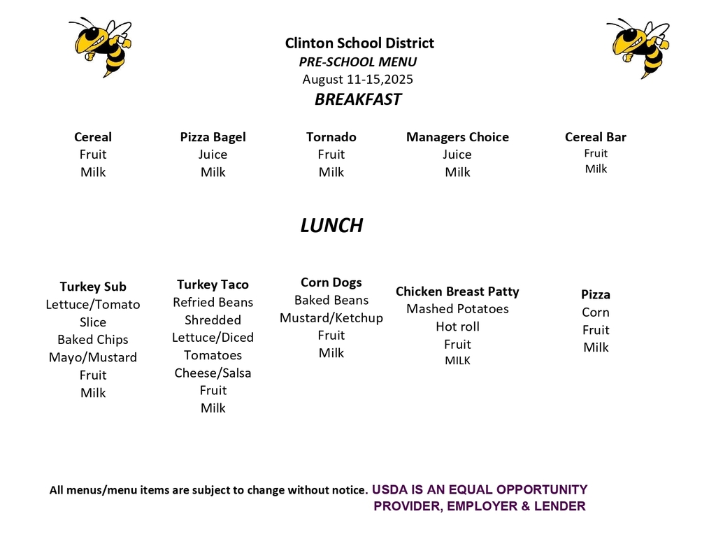 PreK Lunch Menu