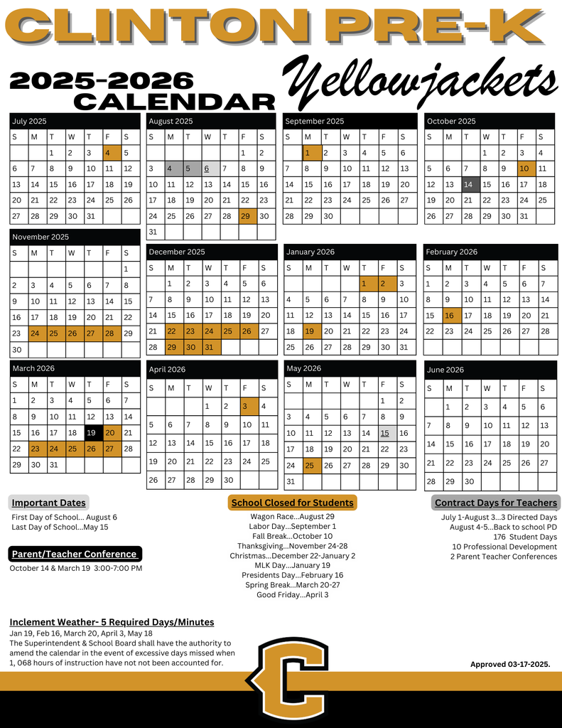 Clinton PreSchool Calendar