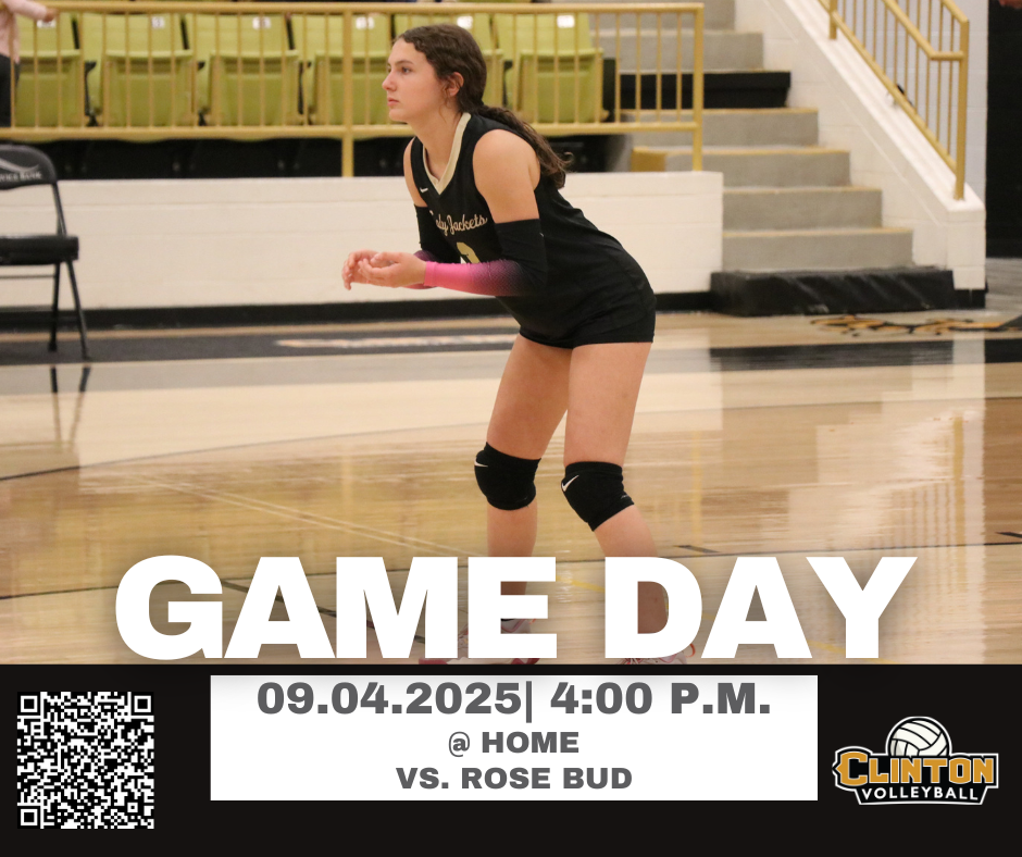 Volleyball game day graphic with a volleyball player